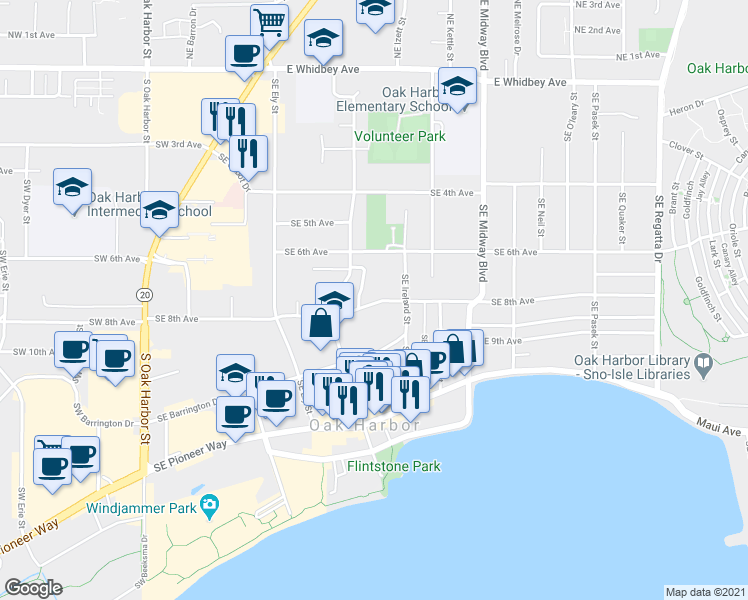map of restaurants, bars, coffee shops, grocery stores, and more near 800 Southeast 8th Avenue in Oak Harbor