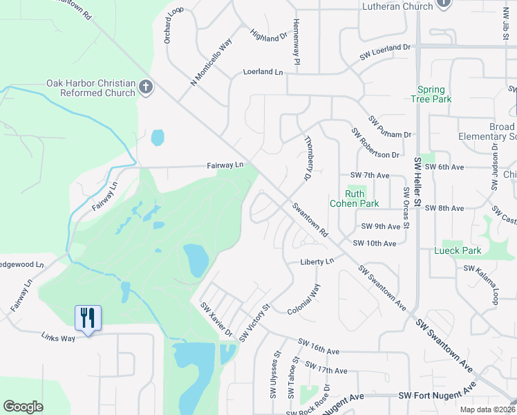 map of restaurants, bars, coffee shops, grocery stores, and more near 1134 Southwest Thornberry Drive in Oak Harbor