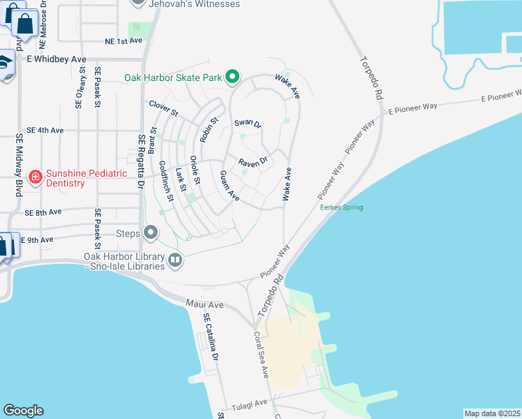 map of restaurants, bars, coffee shops, grocery stores, and more near 2156 Grouse Lane in Oak Harbor