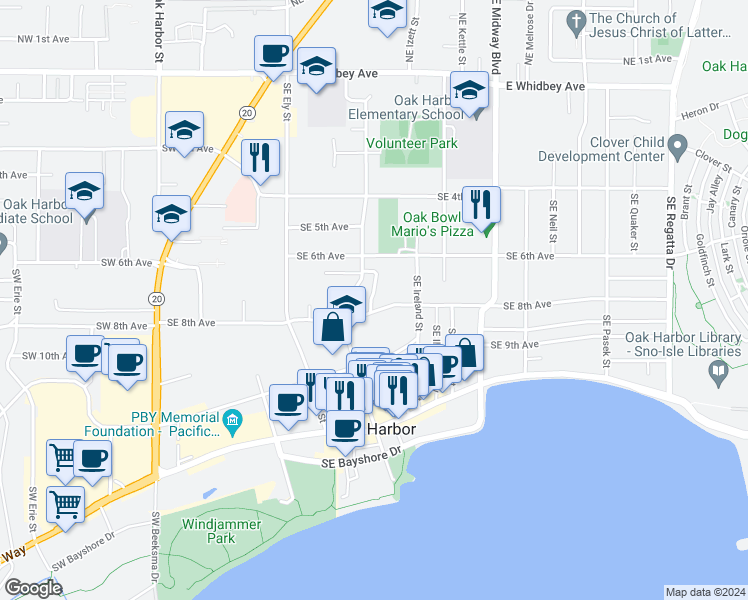 map of restaurants, bars, coffee shops, grocery stores, and more near in Oak Harbor