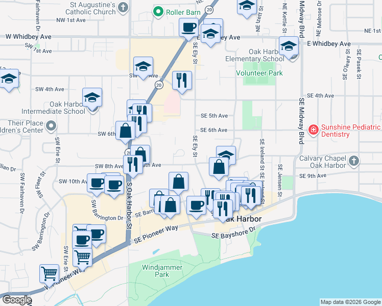 map of restaurants, bars, coffee shops, grocery stores, and more near 668 Southeast Ely Street in Oak Harbor