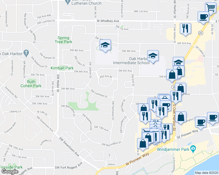 map of restaurants, bars, coffee shops, grocery stores, and more near 1130 Southwest Harrier Circle in Oak Harbor