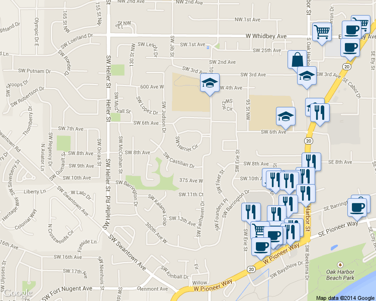 map of restaurants, bars, coffee shops, grocery stores, and more near 1160 Southwest Harrier Circle in Oak Harbor