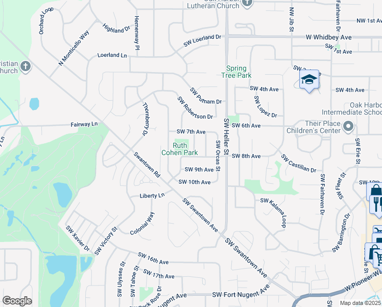map of restaurants, bars, coffee shops, grocery stores, and more near 752 Southwest Puffin Street in Oak Harbor