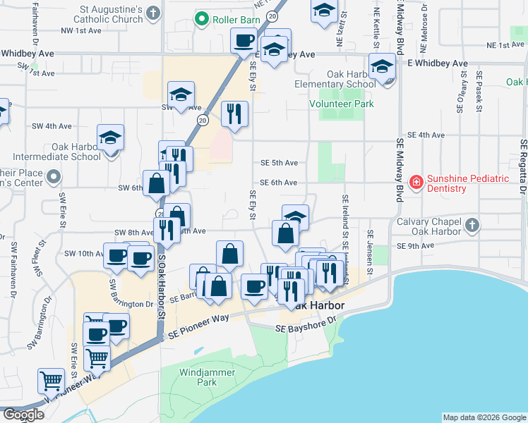 map of restaurants, bars, coffee shops, grocery stores, and more near 668 Southeast Ely Street in Oak Harbor