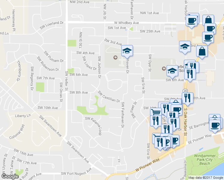 map of restaurants, bars, coffee shops, grocery stores, and more near 1080 Southwest Harrier Circle in Oak Harbor