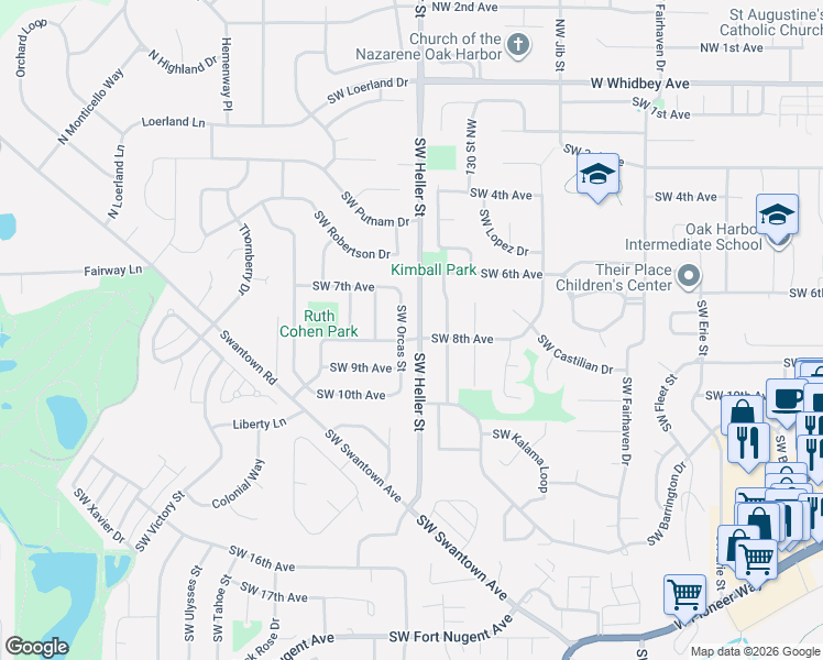 map of restaurants, bars, coffee shops, grocery stores, and more near 748 Southwest Heller Street in Oak Harbor