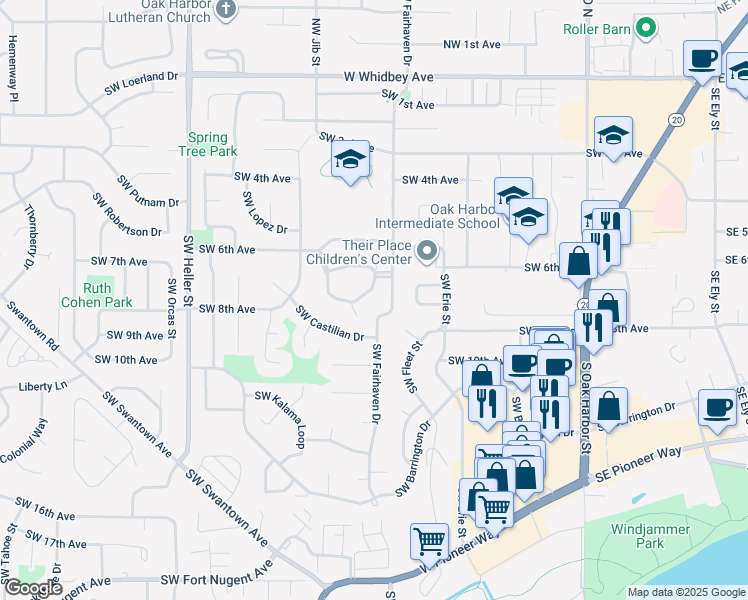 map of restaurants, bars, coffee shops, grocery stores, and more near 1160 Southwest Harrier Circle in Oak Harbor