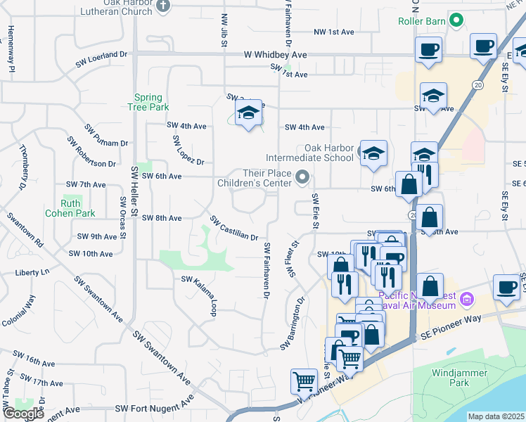 map of restaurants, bars, coffee shops, grocery stores, and more near 1130 Southwest Harrier Circle in Oak Harbor