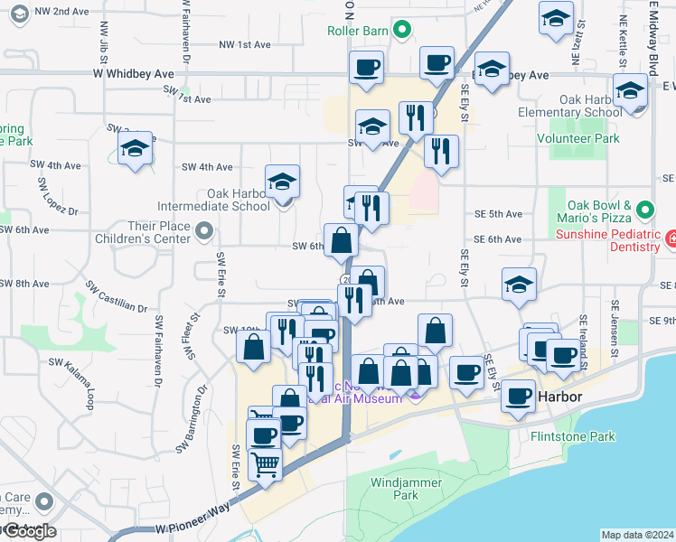 map of restaurants, bars, coffee shops, grocery stores, and more near 31775 Washington 20 in Oak Harbor
