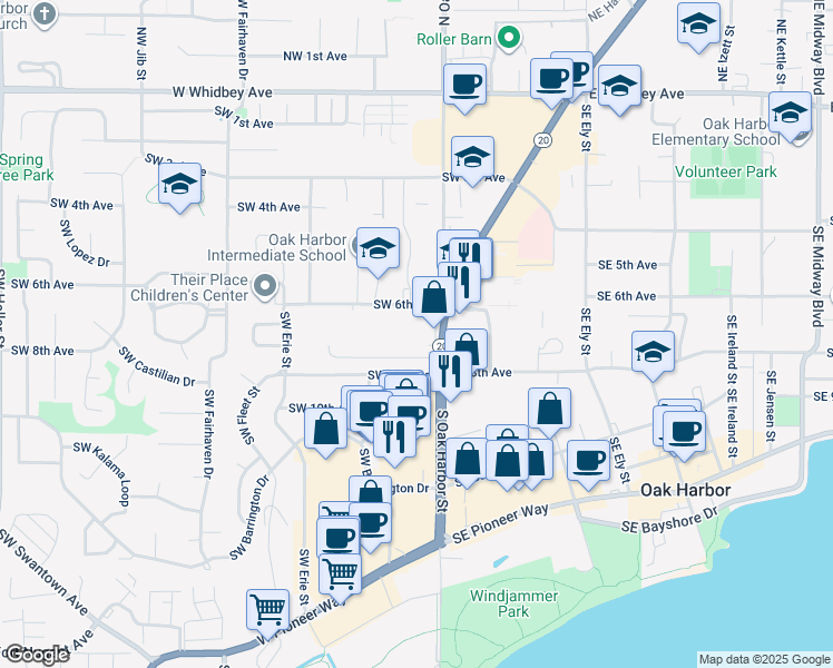 map of restaurants, bars, coffee shops, grocery stores, and more near 141 Southwest 6th Avenue in Oak Harbor