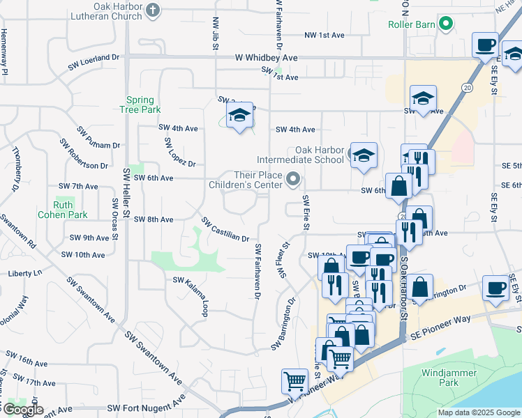 map of restaurants, bars, coffee shops, grocery stores, and more near 1130 Southwest Harrier Circle in Oak Harbor