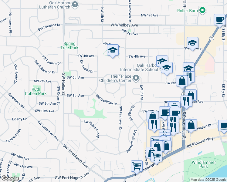 map of restaurants, bars, coffee shops, grocery stores, and more near 997 Southwest Harrier Circle in Oak Harbor