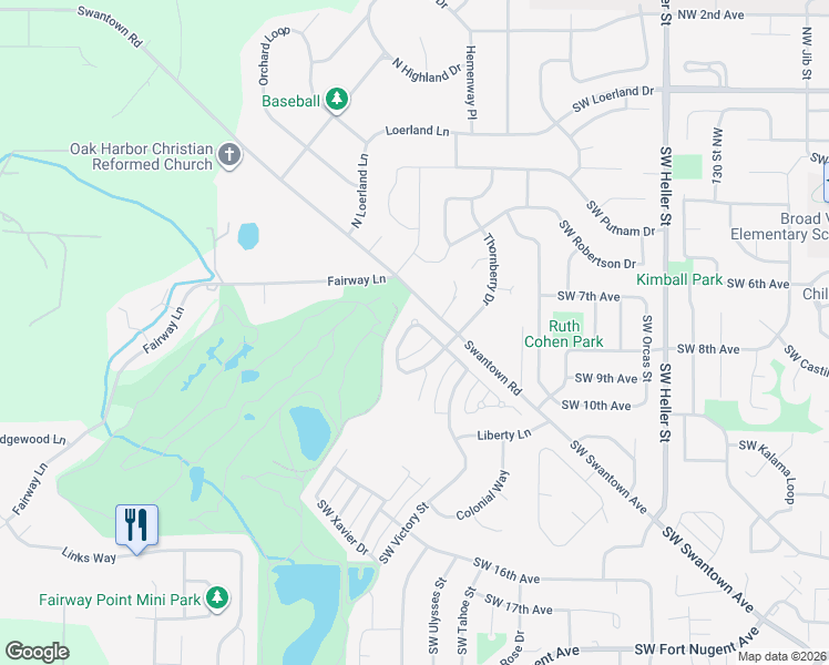 map of restaurants, bars, coffee shops, grocery stores, and more near 1134 Southwest Thornberry Drive in Oak Harbor