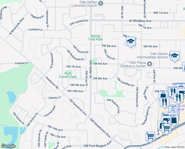 map of restaurants, bars, coffee shops, grocery stores, and more near 748 Southwest Heller Street in Oak Harbor