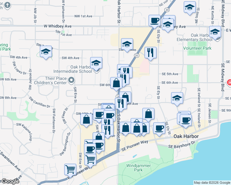 map of restaurants, bars, coffee shops, grocery stores, and more near 31775 Washington 20 in Oak Harbor