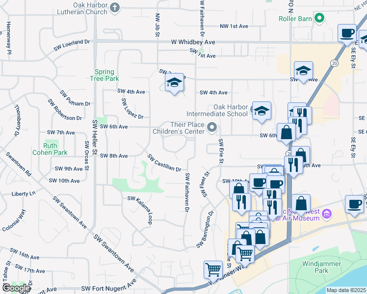 map of restaurants, bars, coffee shops, grocery stores, and more near 1130 Southwest Harrier Circle in Oak Harbor