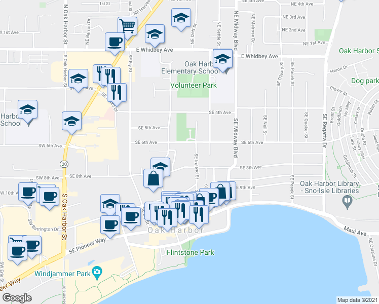 map of restaurants, bars, coffee shops, grocery stores, and more near 800 Southeast 8th Avenue in Oak Harbor