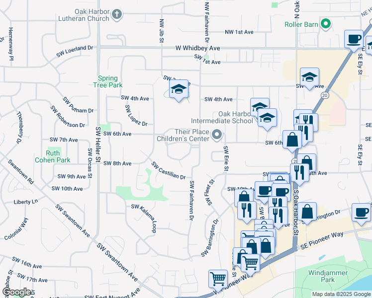 map of restaurants, bars, coffee shops, grocery stores, and more near 1130 Southwest Harrier Circle in Oak Harbor