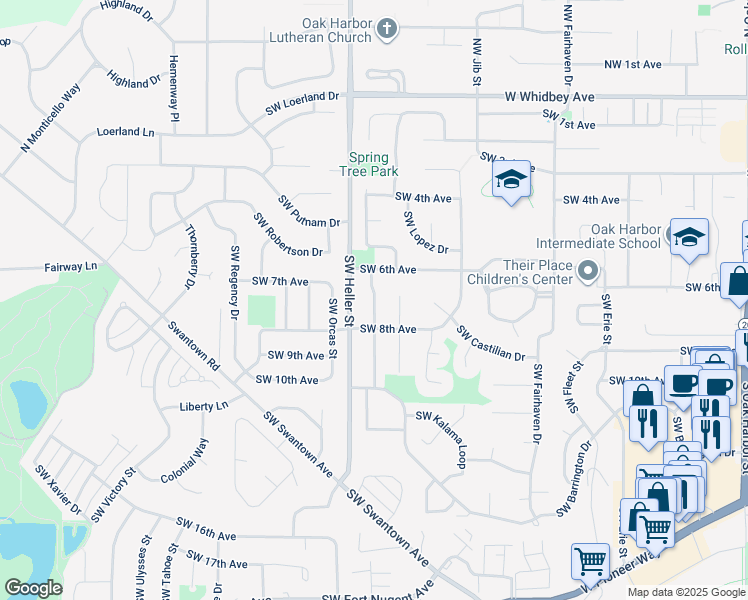 map of restaurants, bars, coffee shops, grocery stores, and more near 748 Southwest Heller Street in Oak Harbor