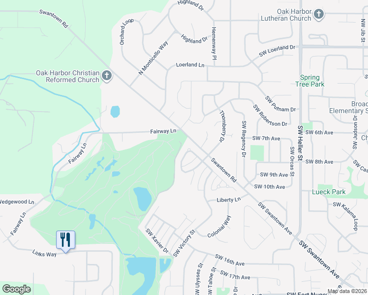 map of restaurants, bars, coffee shops, grocery stores, and more near 1134 Southwest Thornberry Drive in Oak Harbor