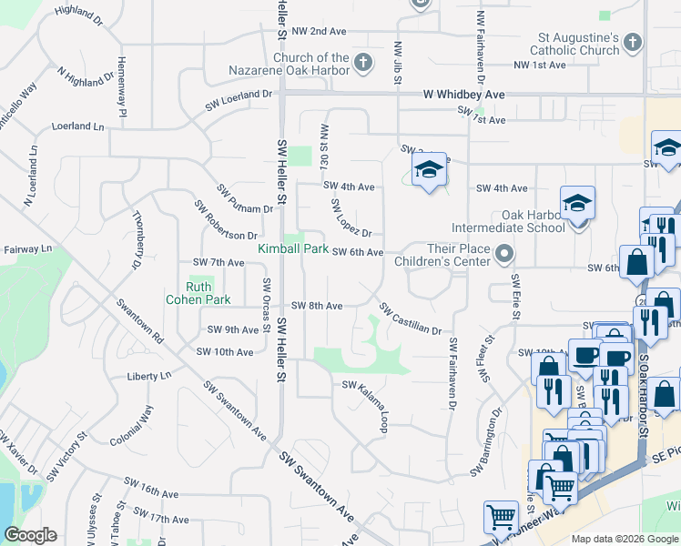 map of restaurants, bars, coffee shops, grocery stores, and more near 1075 Southwest Castilian Drive in Oak Harbor