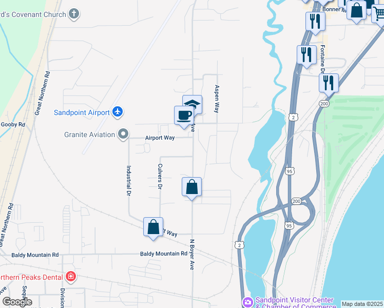 map of restaurants, bars, coffee shops, grocery stores, and more near 1925 North Boyer Avenue in Sandpoint