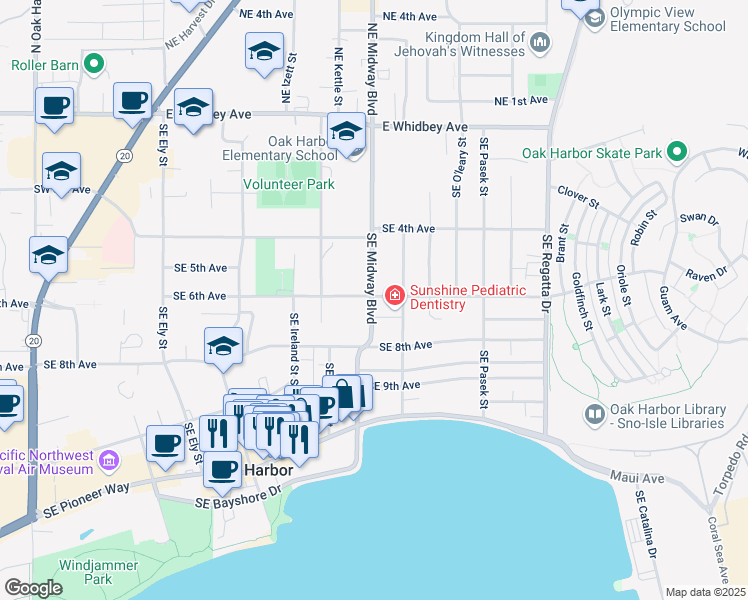 map of restaurants, bars, coffee shops, grocery stores, and more near in Oak Harbor