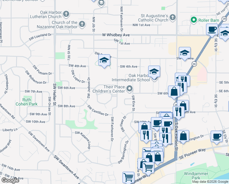 map of restaurants, bars, coffee shops, grocery stores, and more near 730 Southwest Harrier Circle in Oak Harbor