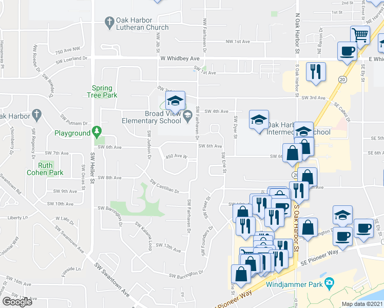 map of restaurants, bars, coffee shops, grocery stores, and more near 1130 Southwest Harrier Circle in Oak Harbor
