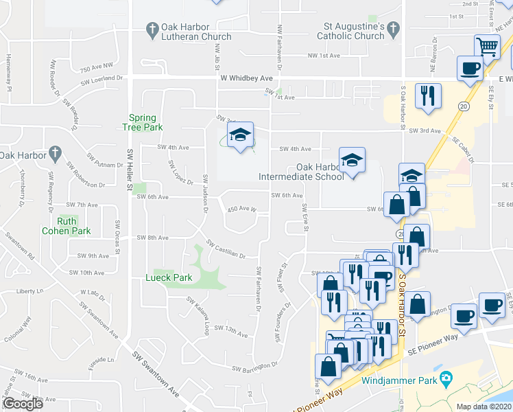 map of restaurants, bars, coffee shops, grocery stores, and more near 1130 Southwest Harrier Circle in Oak Harbor