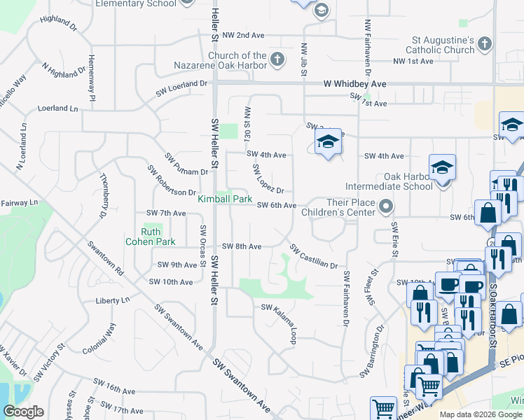map of restaurants, bars, coffee shops, grocery stores, and more near 1085 Southwest Lopez Drive in Oak Harbor