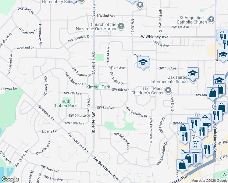 map of restaurants, bars, coffee shops, grocery stores, and more near 1085 Southwest Lopez Drive in Oak Harbor