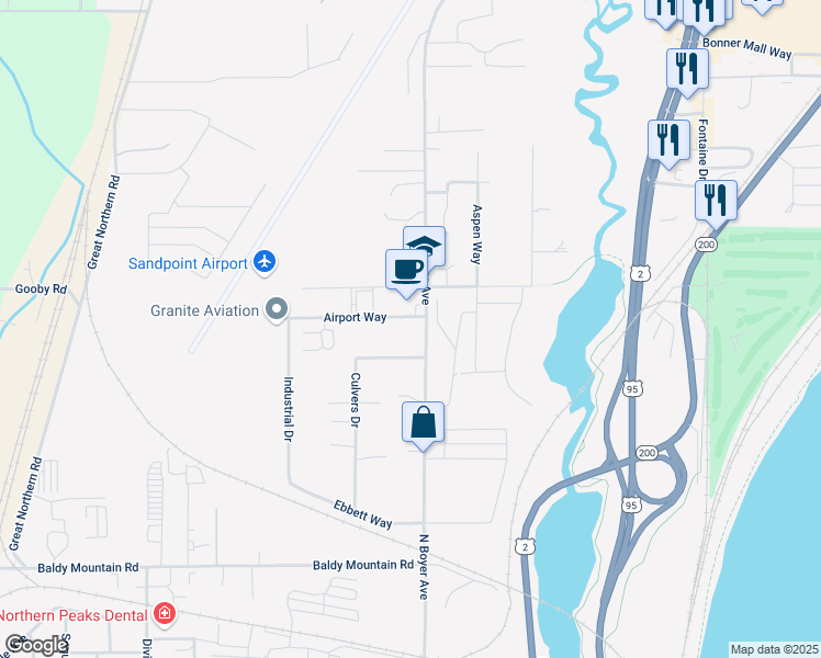 map of restaurants, bars, coffee shops, grocery stores, and more near 2015 North Boyer Avenue in Sandpoint