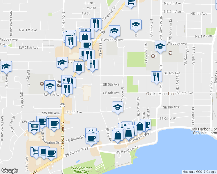 map of restaurants, bars, coffee shops, grocery stores, and more near 575 Southeast 5th Avenue in Oak Harbor