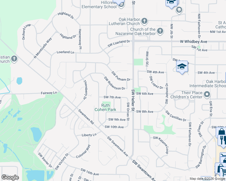 map of restaurants, bars, coffee shops, grocery stores, and more near 1579 Southwest Robertson Drive in Oak Harbor