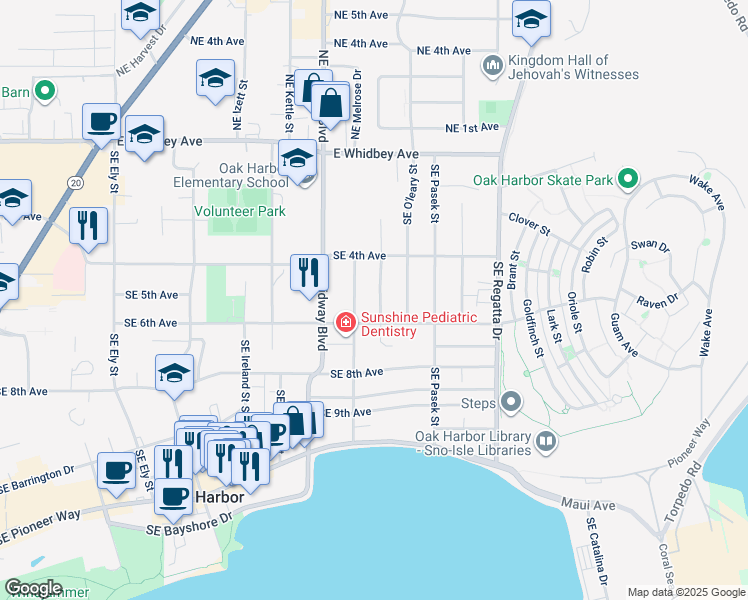 map of restaurants, bars, coffee shops, grocery stores, and more near 533 Southeast Neil Street in Oak Harbor