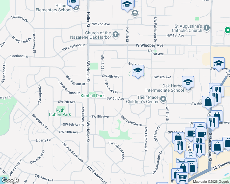 map of restaurants, bars, coffee shops, grocery stores, and more near 1085 SW Lopez Dr in Oak Harbor