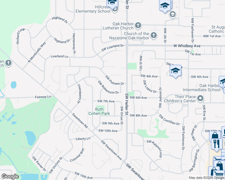 map of restaurants, bars, coffee shops, grocery stores, and more near 1579 Southwest Robertson Drive in Oak Harbor