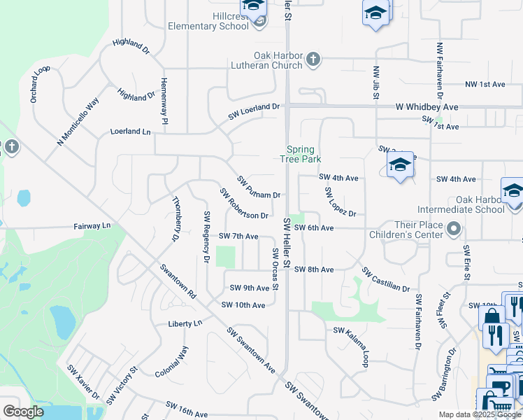 map of restaurants, bars, coffee shops, grocery stores, and more near 1526 Southwest Robertson Drive in Oak Harbor