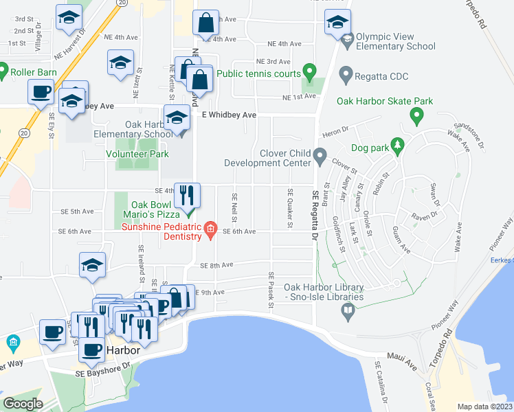 map of restaurants, bars, coffee shops, grocery stores, and more near 494 Southeast Oleary Street in Oak Harbor