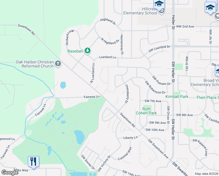 map of restaurants, bars, coffee shops, grocery stores, and more near 2085 Southwest Robertson Drive in Oak Harbor