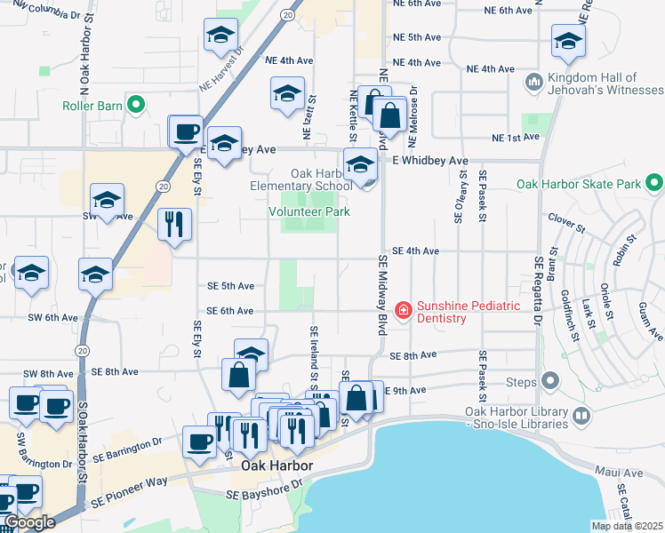 map of restaurants, bars, coffee shops, grocery stores, and more near 527 Southeast Jerome Street in Oak Harbor