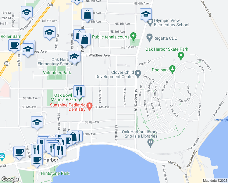 map of restaurants, bars, coffee shops, grocery stores, and more near 453 Southeast Pasek Street in Oak Harbor