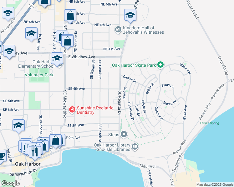 map of restaurants, bars, coffee shops, grocery stores, and more near 445 Southeast Regatta Drive in Oak Harbor