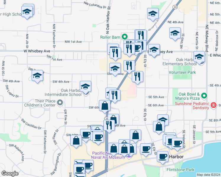 map of restaurants, bars, coffee shops, grocery stores, and more near 395 South Oak Harbor Street in Oak Harbor