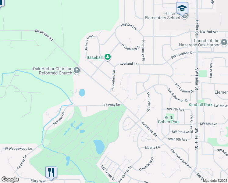 map of restaurants, bars, coffee shops, grocery stores, and more near 2360 Loerland Lane in Oak Harbor