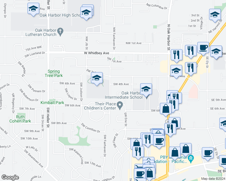 map of restaurants, bars, coffee shops, grocery stores, and more near 462 Southwest Fairhaven Drive in Oak Harbor