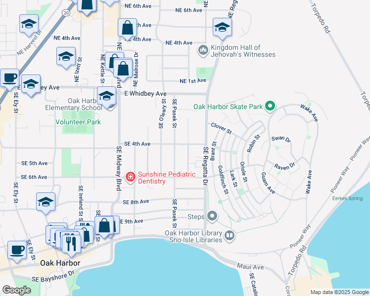 map of restaurants, bars, coffee shops, grocery stores, and more near 1687 Southeast 4th Avenue in Oak Harbor