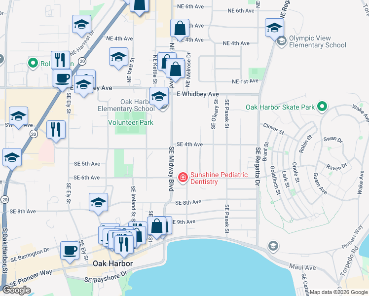 map of restaurants, bars, coffee shops, grocery stores, and more near 1320 Southeast 4th Avenue in Oak Harbor